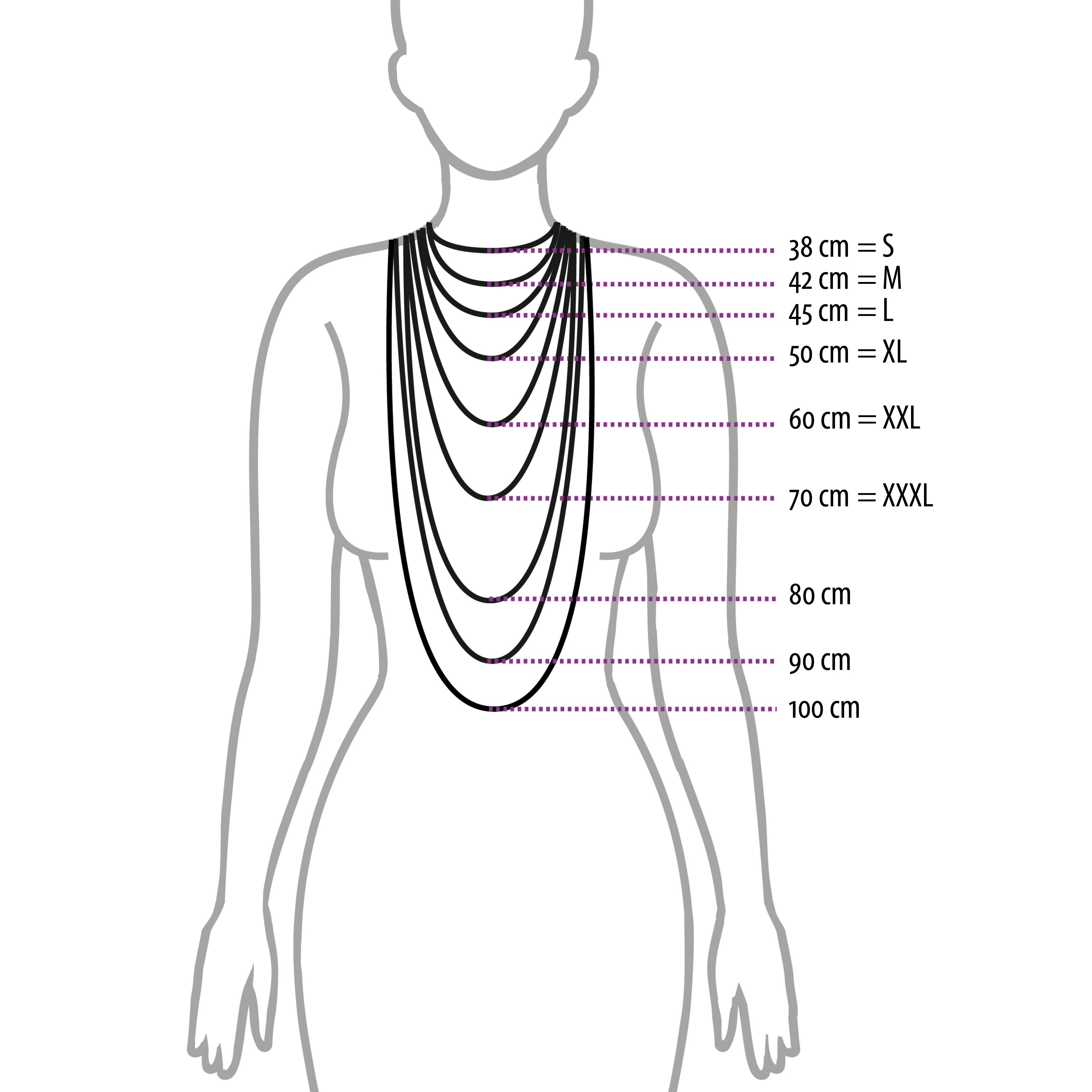 The image is a diagram that illustrates the size of a necklace in centimeters, ranging from 5 to 500. It shows the relationship between the necklace size and the corresponding measurement, such as the neck length or the size of the pendant.